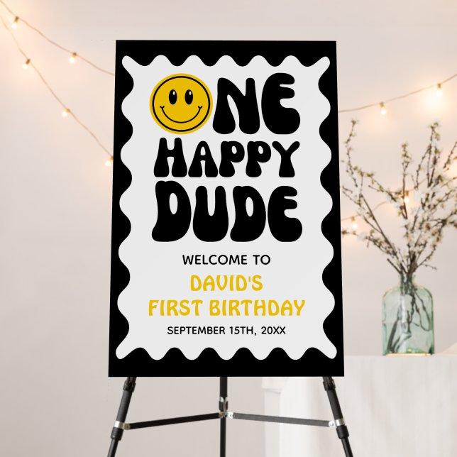 One Happy Dude Wavy Frame Boy First Birthday Foam Board (In Situ (Stand))