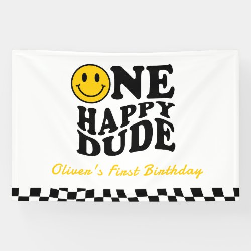 One Happy Dude Wavy Preppy Smile Boy 1st Birthday  Banner