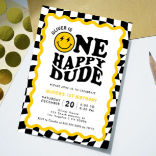One Happy Dude   Wavy Smile Face Boy 1st Birthday Invitation