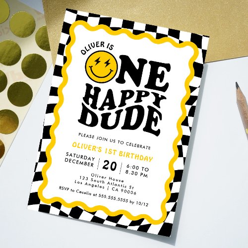 One Happy Dude  Wavy Smile Face Boy 1st Birthday Invitation