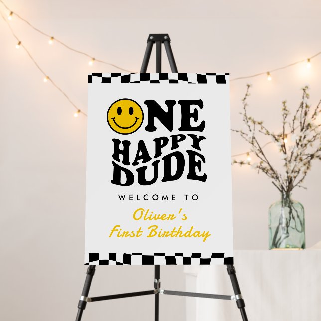 One Happy Dude Yellow 1st Birthday Welcome Sign (In Situ (Stand))
