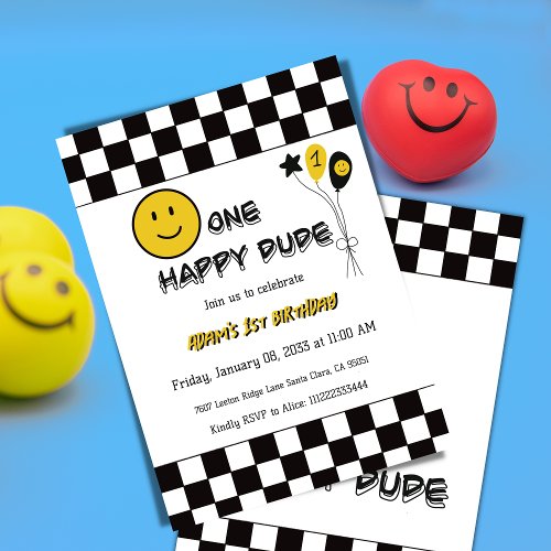 One Happy Dude Yellow Emoji First 1st Birthday Invitation