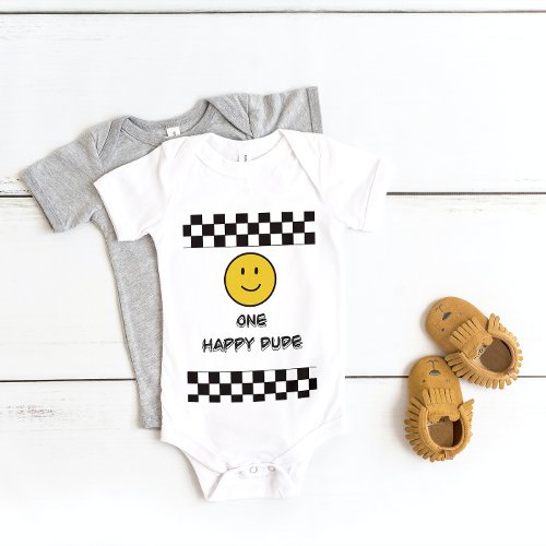 One Happy Dude Yellow Face Smile First 1 Birthday Baby Bodysuit
