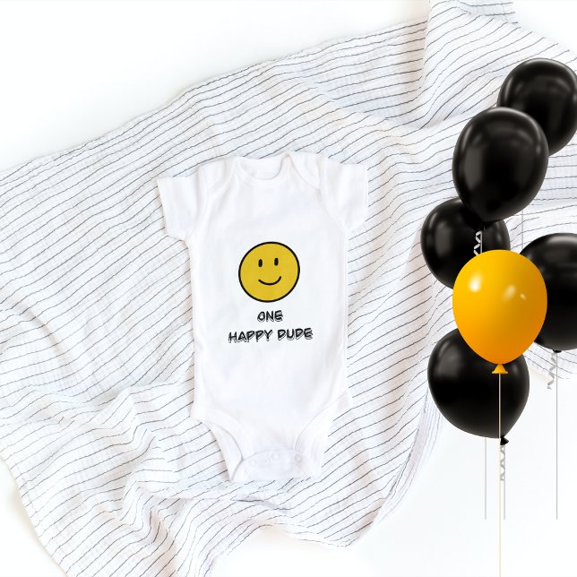 One Happy Dude Yellow Face Smile First 1 Birthday Baby Bodysuit (Creator Uploaded)