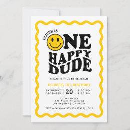 One Happy Dude Yellow Happy Face Boy 1st Birthday Invitation