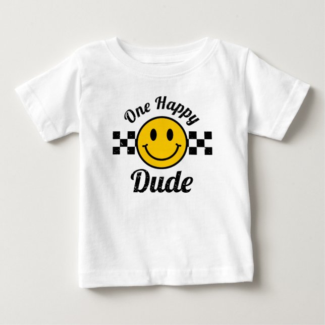 One Happy Dude Yellow Smile Face Birthday Matching Baby T-Shirt (Front)