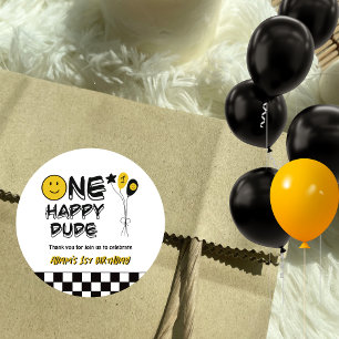 One Happy Dude Yellow Smile First 1st Boy Birthday Classic Round Sticker