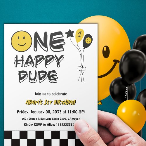 One Happy Dude Yellow Smile First 1st Boy Birthday Invitation