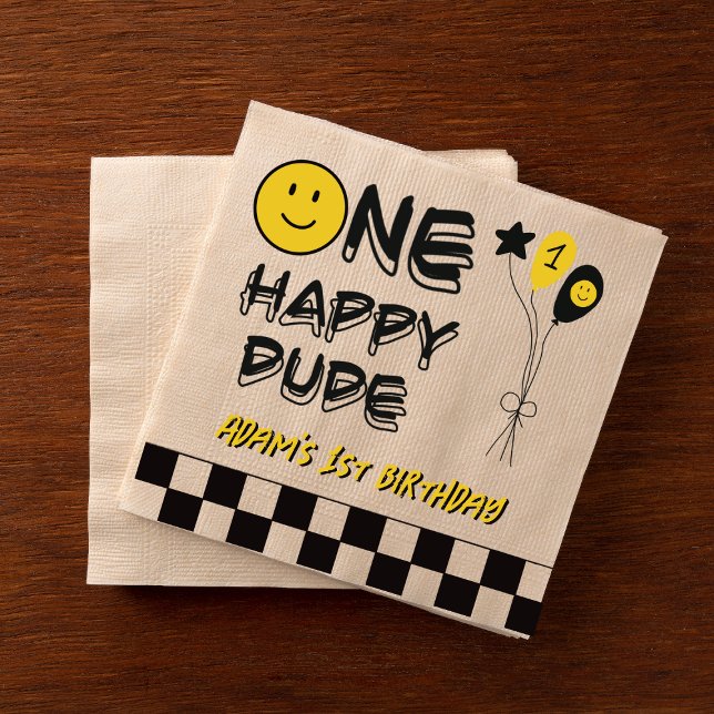 One Happy Dude Yellow Smile First 1st Boy Birthday Napkins (Creator Uploaded)