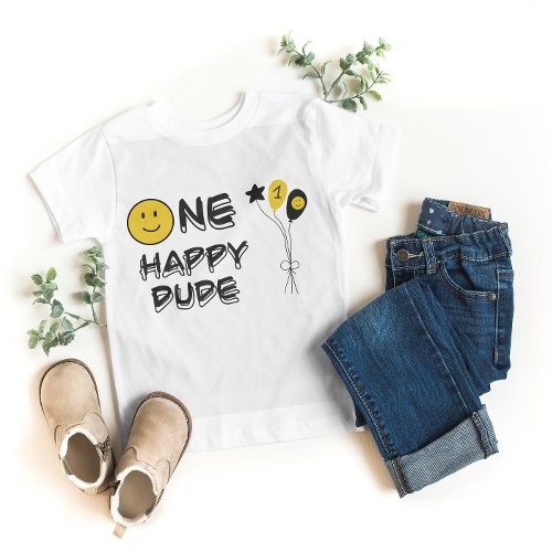 One Happy Dude Yellow Smile First 1st Boy Birthday T_Shirt