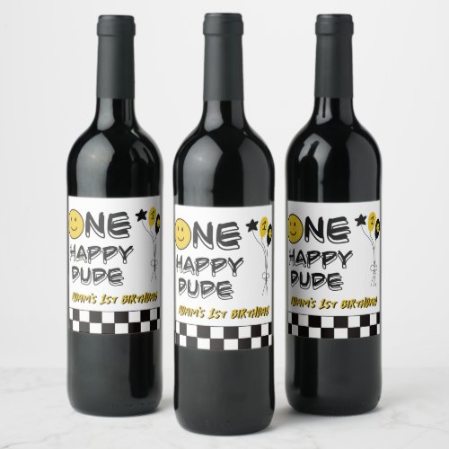 One Happy Dude Yellow Smile First 1st Boy Birthday Wine Label