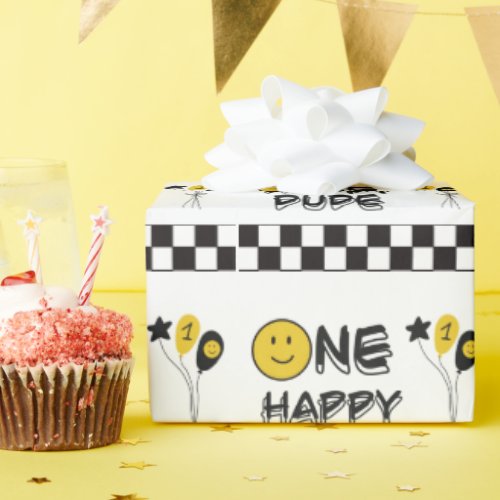 One Happy Dude Yellow Smile First 1st Boy Birthday Wrapping Paper