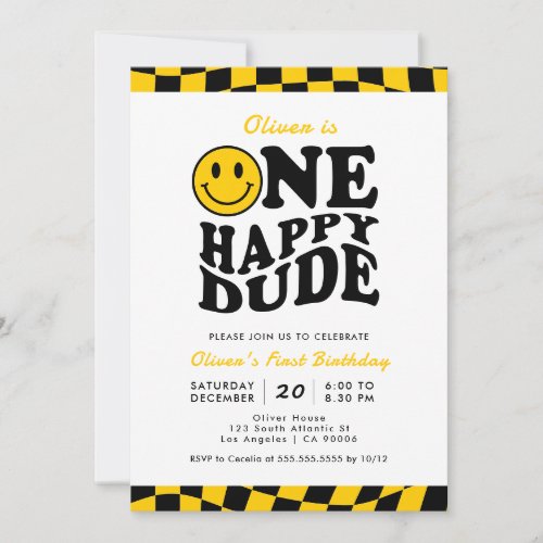 One Happy Dude Yellow Wavy Smile Face 1st Birthday Invitation