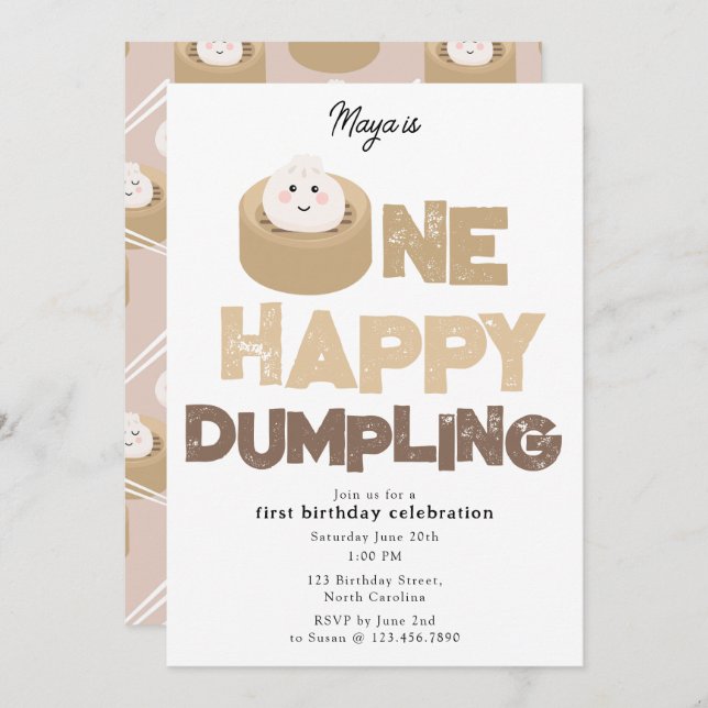 One Happy Dumpling Invite 1st  First Birthday Cute (Front/Back)