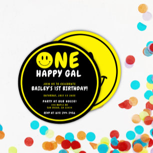 One Happy Gal 1st Birthday Black/Yellow Smiley Invitation
