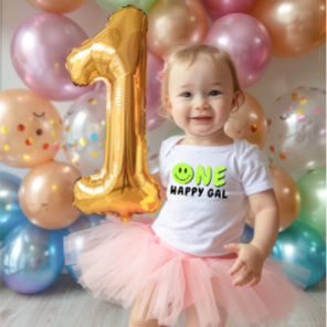 One Happy Gal 1st Birthday Green Smile Baby Bodysuit