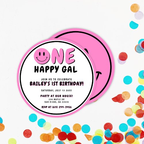 One Happy Gal 1st Birthday Smiley Face Invitation