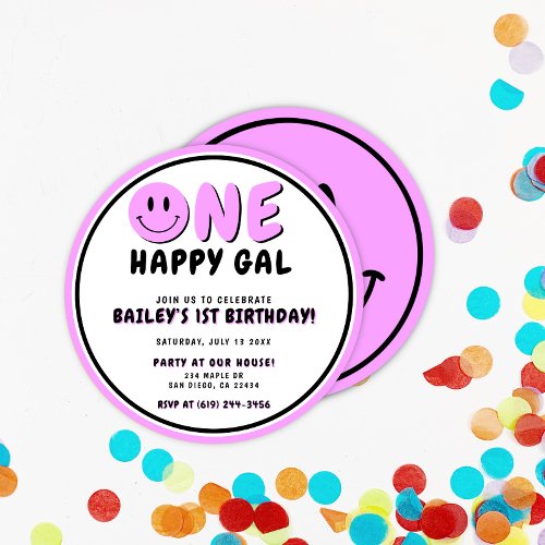 One Happy Gal 1st Birthday Smiley Face Invitation