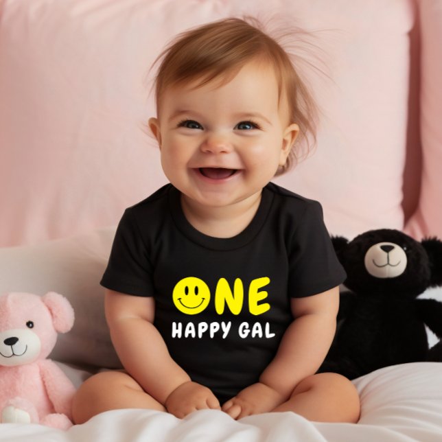 One Happy Gal 1st Birthday Yellow Smiley Baby T-Shirt (Creator Uploaded)