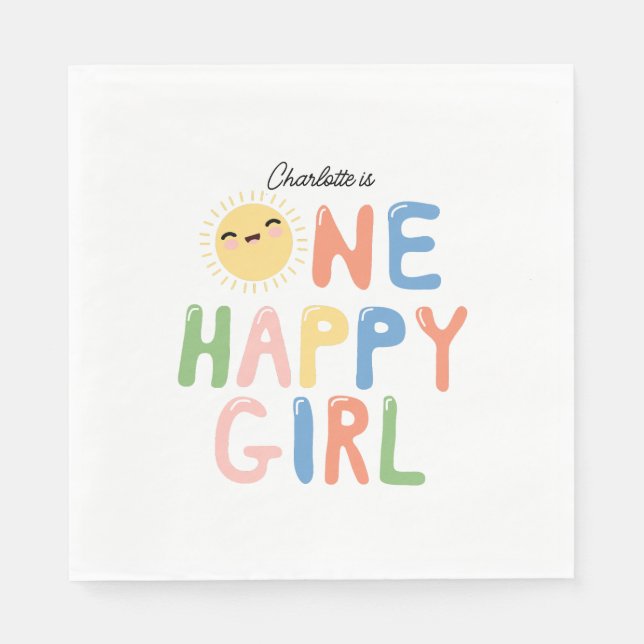 One Happy Girl Birthday Invite 1st Birthday Sun Napkins (Front)