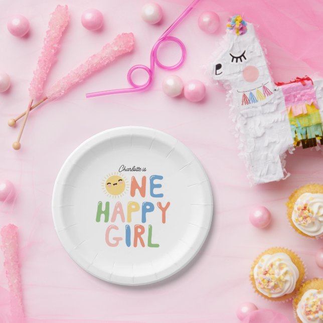 One Happy Girl Birthday Invite 1st Birthday Sun Paper Plates (Party)