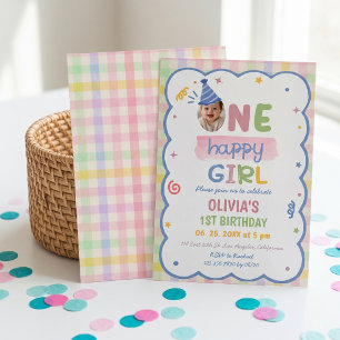 One Happy Girl Pastel Gingham Birthday Invite