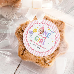 One Happy Girl Pink Colorful 1st Birthday Classic Round Sticker