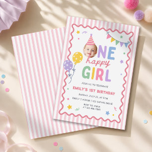 One Happy Girl Pink Colorful 1st Birthday Invitation