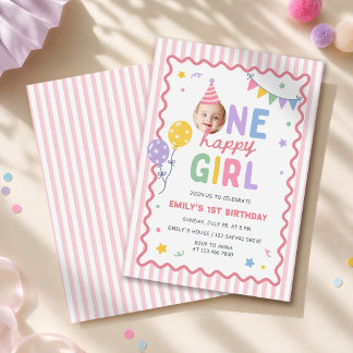 One Happy Girl Pink Colorful 1st Birthday Invitation