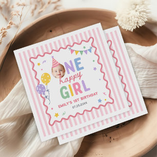One Happy Girl Pink Colorful 1st Birthday Napkins