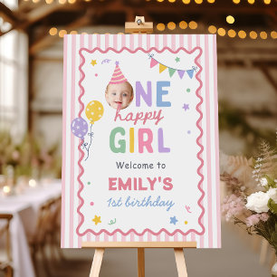 One Happy Girl Pink Colorful 1st Birthday Welcome Foam Board