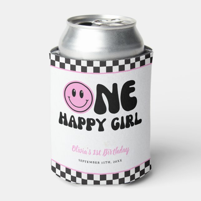 One Happy Girl Pink Happy Face Birthday Can Cooler (Can Front)