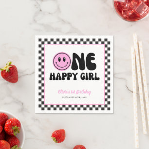 One Happy Girl Pink Happy Face Birthday Napkins