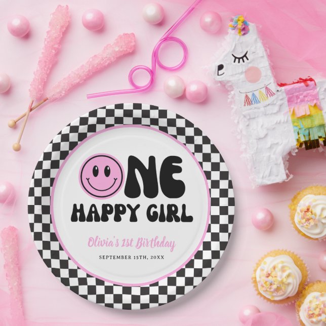 One Happy Girl Pink Happy Face Birthday Paper Plates (Party)