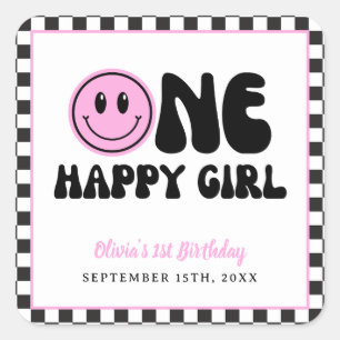 One Happy Girl Pink Happy Face Birthday Square Sticker