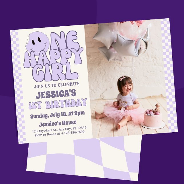 One Happy Girl Retro 1st Birthday  Invitation ("Light up your little one's special day with our 'One Happy Girl Retro Smiley Face 1st Birthday )