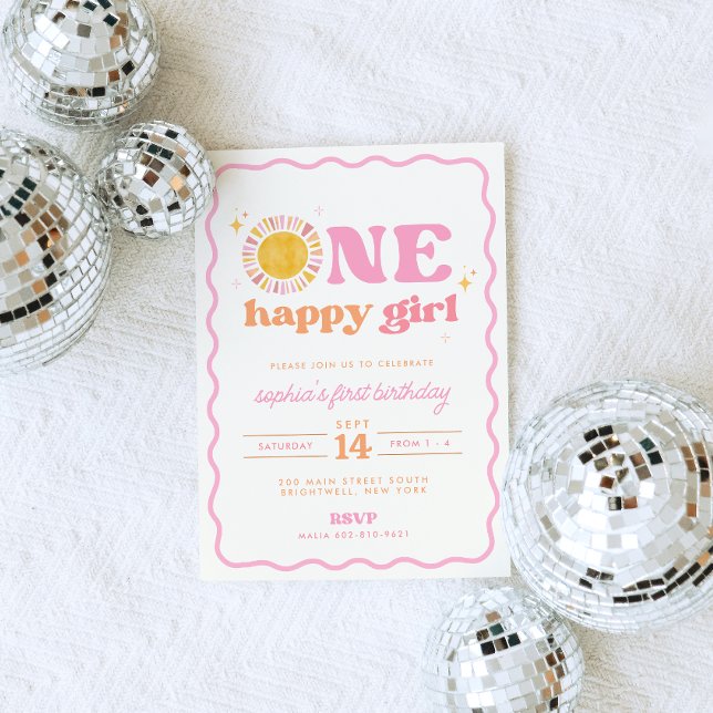 One Happy Girl Retro Sun First Birthday Invitation (Creator Uploaded)