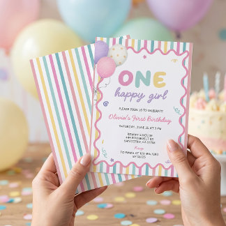One Happy Girl Striped 1st Birthday Invitation