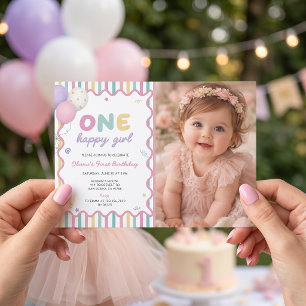 One Happy Girl Striped 1st Birthday Invitation