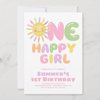 One Happy Girl Sun 1st Birthday Colorful Invitation