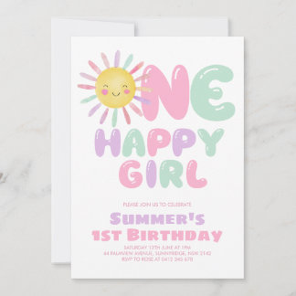 One Happy Girl Sun 1st Birthday Pink Green Invitation