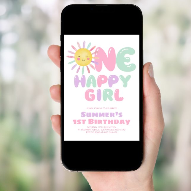 One Happy Girl Sun 1st Birthday Pink Green Invitation (Front Digital)