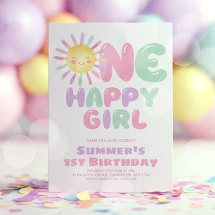One Happy Girl Sun 1st Birthday Pink Green Invitation