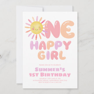 One Happy Girl Sun 1st Birthday Pink Purple Invitation