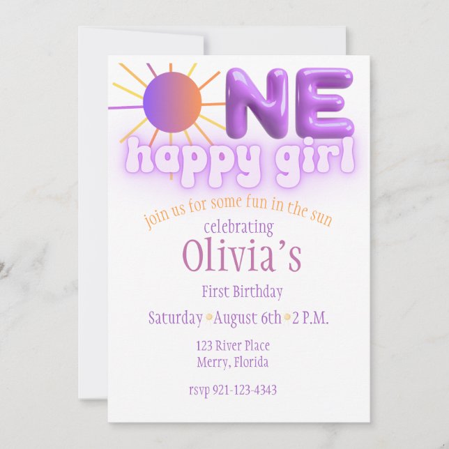 One Happy Girl, Sun theme Birthday Invitations  (Front)