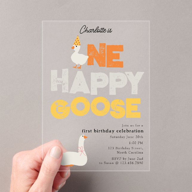 One Happy Goose Invite 1st  First Birthday Cute Acrylic Invitations (Insitu (Handheld))