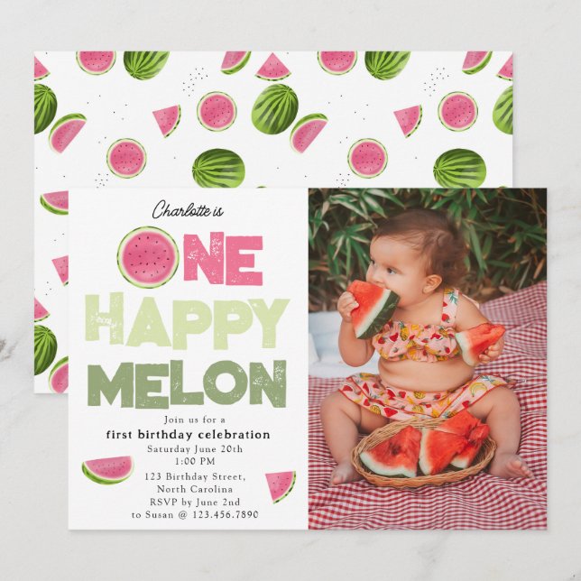 One Happy Melon 1st Summer Birthday Photo Invitation (Front/Back)