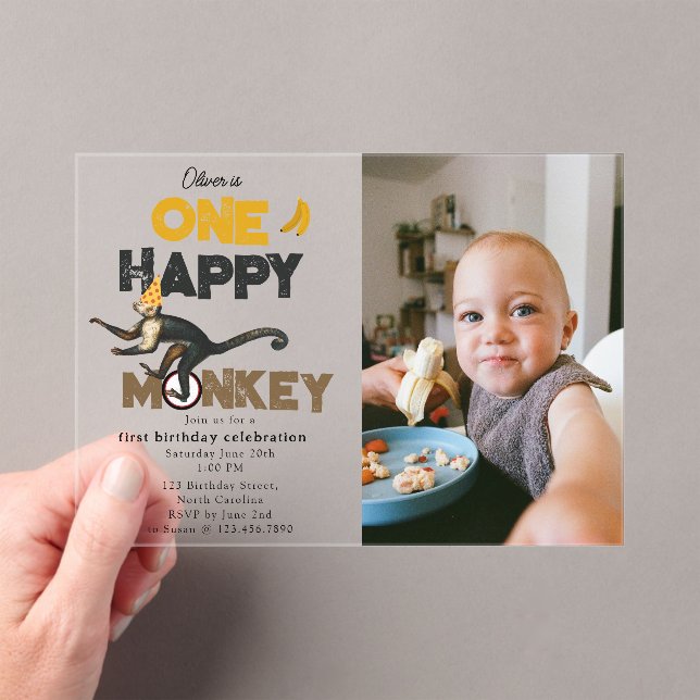 One Happy Monkey Cute 1st First Birthday Photo Acrylic Invitations (Insitu (Handheld))