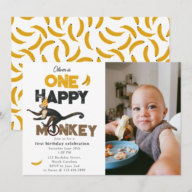 One Happy Monkey Cute 1st First Birthday Photo Invitation (Front/Back)