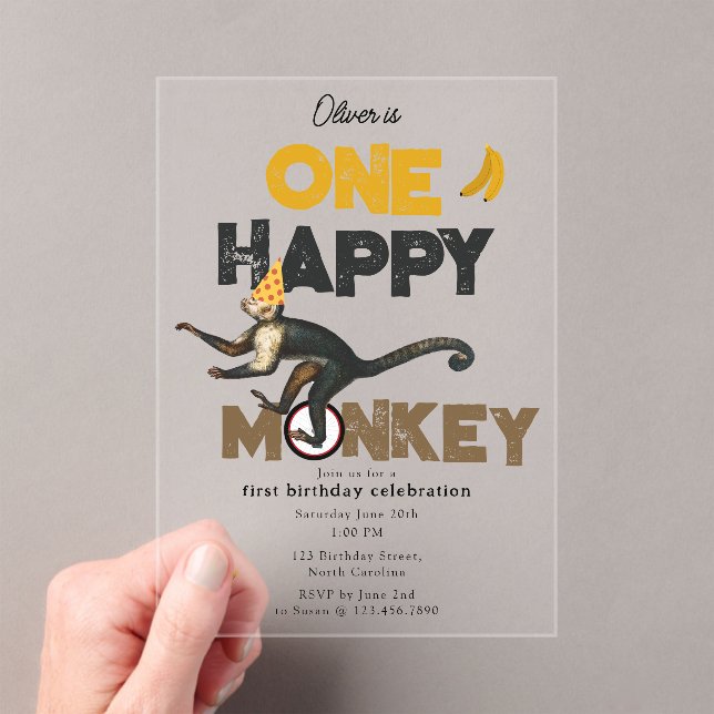 One Happy Monkey Cute Invite 1st First Birthday Acrylic Invitations (Insitu (Handheld))